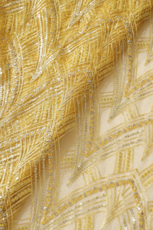 Yellow Thread With Gold And Silver Sequins Geometric Embroidery Work On Yellow Soft Net Fabric