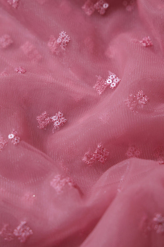 Small Motif Sequins Embroidery Work On Pink Soft Net Fabric