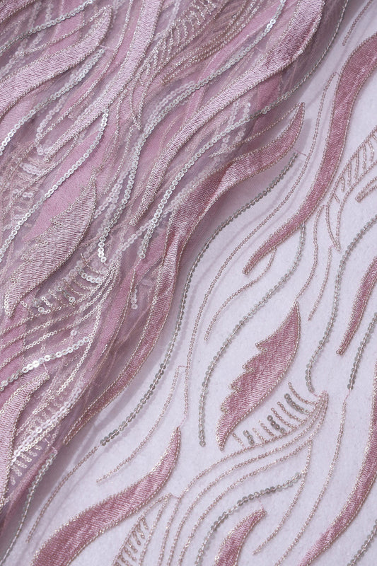 Mauve Thread With Sequins Wavy Embroidery Work On Mauve Soft Net Fabric