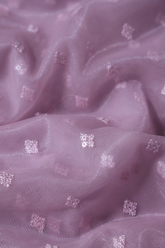 Small Motif Sequins Embroidery Work On Lilac Purple Soft Net Fabric