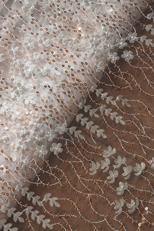 AIzaSyBcstauz-XMPRhEY21AUzeo032pxrXB5Ug - Gold And Silver Sequins Heavy Embroidery On Dyeable White Soft Net Fabric