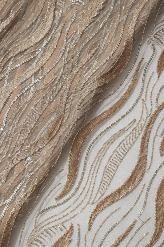 AIzaSyBcstauz-XMPRhEY21AUzeo032pxrXB5Ug - Beige Thread With Sequins Wavy Embroidery Work On Beige Soft Net Fabric