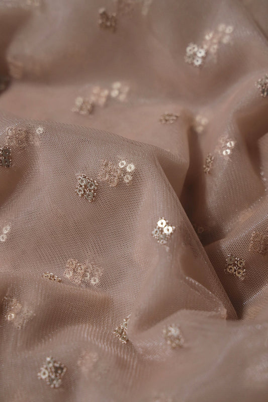 Small Motif Sequins Embroidery Work On Beige Soft Net Fabric
