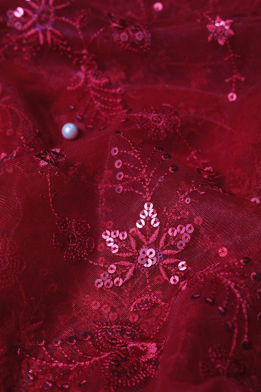 AIzaSyBcstauz-XMPRhEY21AUzeo032pxrXB5Ug - Beautiful Red Thread With Red Sequins Floral Embroidery Work On Red Soft Net Fabric