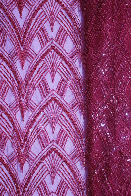 Red Thread With Sequins Geometric Embroidery Work On Cherry Red Soft Net Fabric