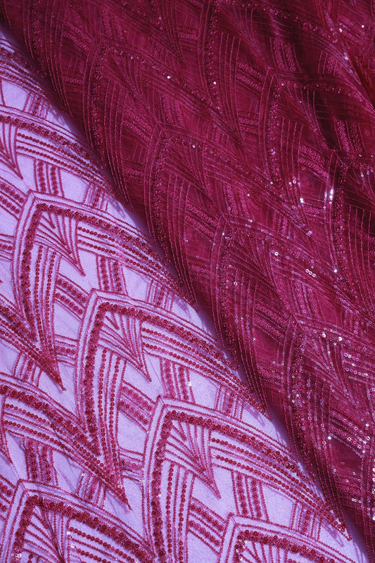Red Thread With Sequins Geometric Embroidery Work On Cherry Red Soft Net Fabric