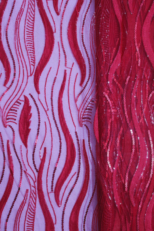 Red Thread With Sequins Wavy Embroidery Work On Red Soft Net Fabric