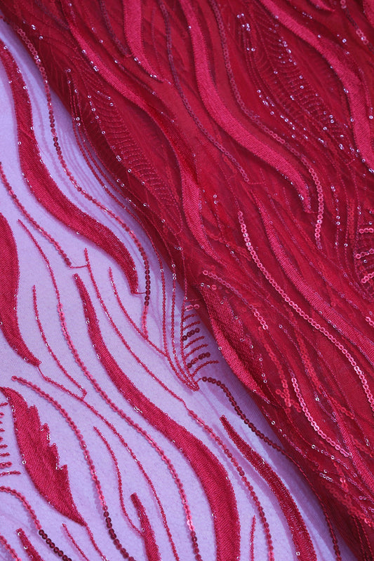 Red Thread With Sequins Wavy Embroidery Work On Red Soft Net Fabric