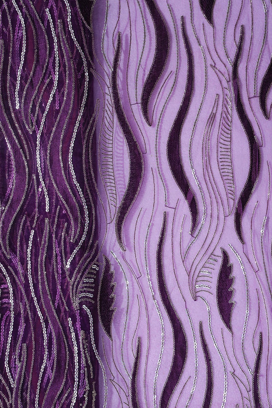 Wine Thread With Sequins Wavy Embroidery Work On Wine Soft Net Fabric