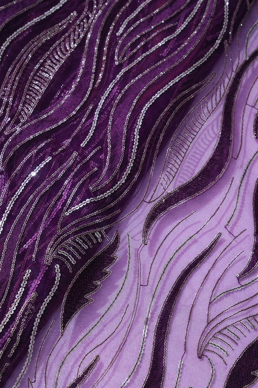 Wine Thread With Sequins Wavy Embroidery Work On Wine Soft Net Fabric