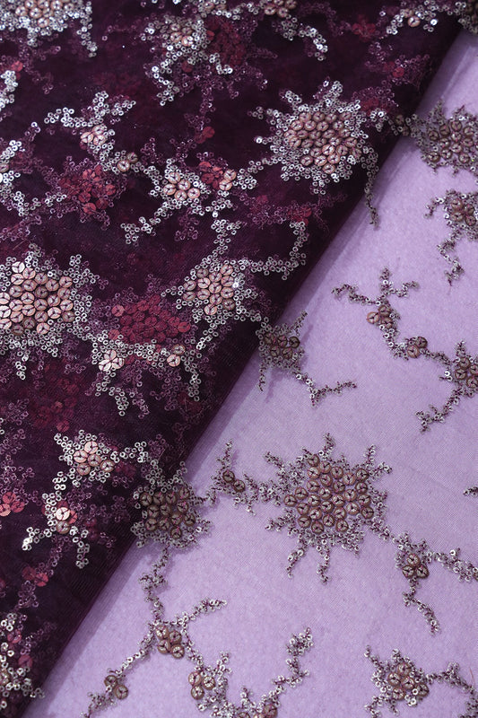 AIzaSyBcstauz-XMPRhEY21AUzeo032pxrXB5Ug - Gold Sequins With Wine Thread Work Embroidery On Wine Soft Net Fabric