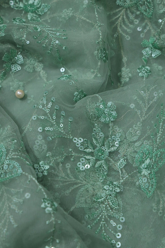 AIzaSyBcstauz-XMPRhEY21AUzeo032pxrXB5Ug - Beautiful Olive Thread With Sequins Floral Embroidery Work On Olive Soft Net Fabric