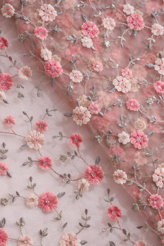 Pink And Cream Thread With Gold Sequins Floral Embroidery On Dusty Peach Soft Net Fabric