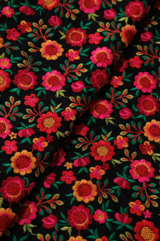 Multi Thread Floral Heavy Embroidery On Black Georgette Fabric