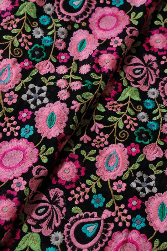 AIzaSyBcstauz-XMPRhEY21AUzeo032pxrXB5Ug - Beautiful Multi Thread Floral Heavy Embroidery On Black Georgette Fabric