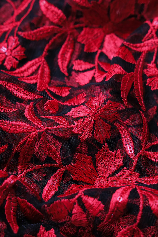Red Thread With Sequins Floral Heavy Embroidery On Red Soft Net Fabric