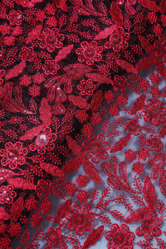 Red Thread With Sequins Floral Embroidery On Black Soft Net Fabric