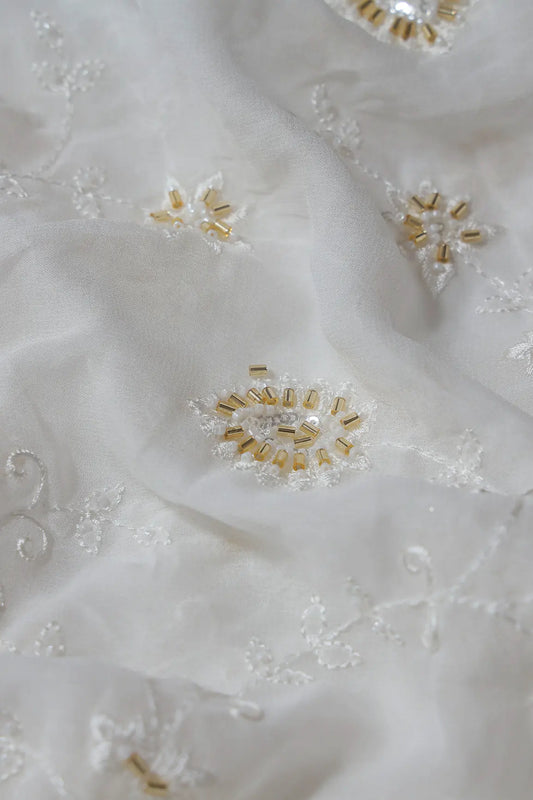 AIzaSyBcstauz-XMPRhEY21AUzeo032pxrXB5Ug - Beautiful Sequins With Beads Floral Embroidery On White Viscose Georgette Fabric