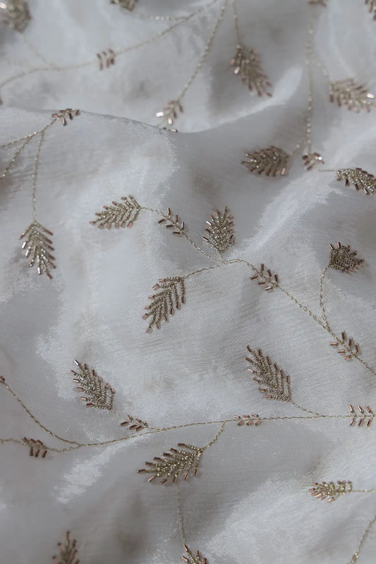 AIzaSyBcstauz-XMPRhEY21AUzeo032pxrXB5Ug - Gold Zari With Beads Leafy Embroidery Work On White Dyeable Chinnon Chiffon Fabric