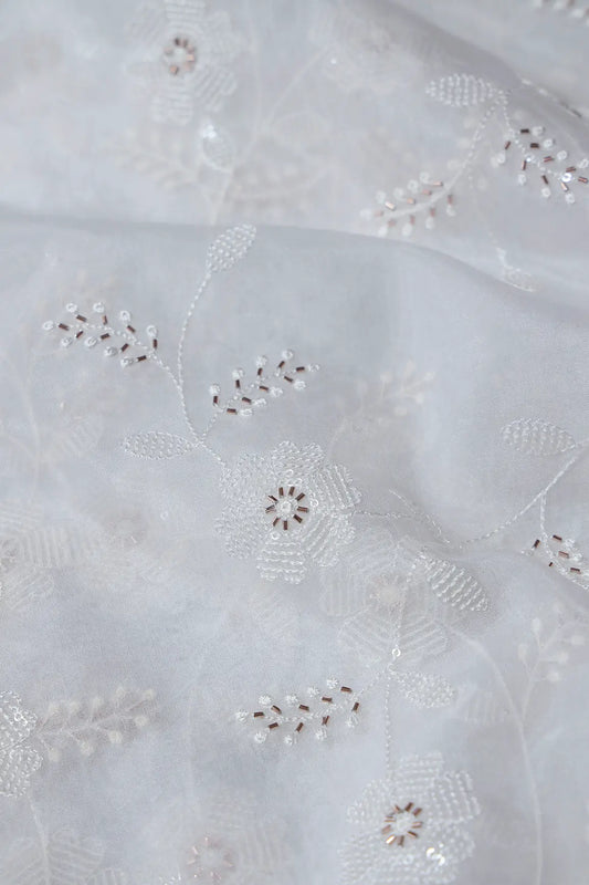 White Thread With Beads Leafy Embroidery On Dyeable White Organza Fabric