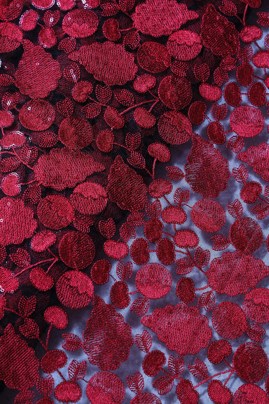 Red Thread With Water Sequins Beautiful Leafy Heavy Embroidery On Black Soft Net Fabric
