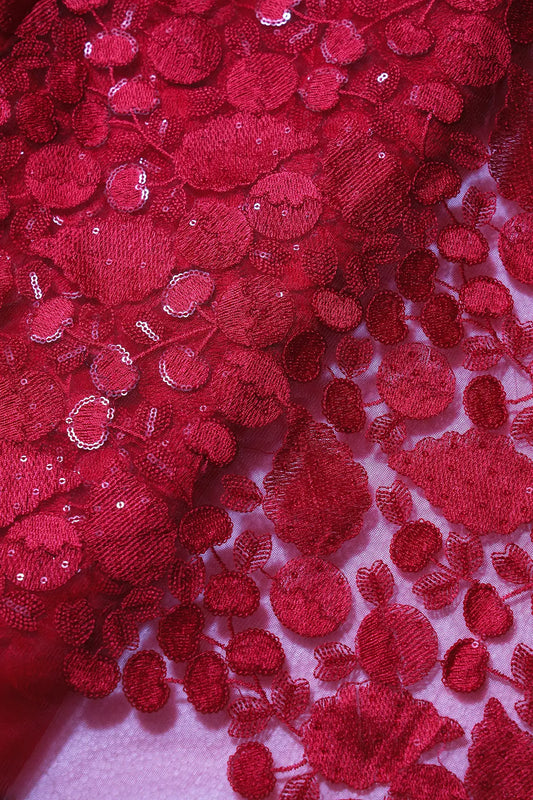 Red Thread With Water Sequins Beautiful Leafy Heavy Embroidery On Red Soft Net Fabric