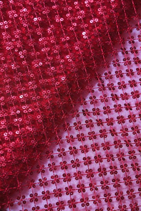 Red Thread With Red Sequins Small Checks Embroidery On Red Soft Net Fabric