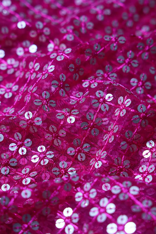 AIzaSyBcstauz-XMPRhEY21AUzeo032pxrXB5Ug - Fuchsia Thread With Gold Sequins Small Checks Embroidery On Fuchsia Soft Net Fabric
