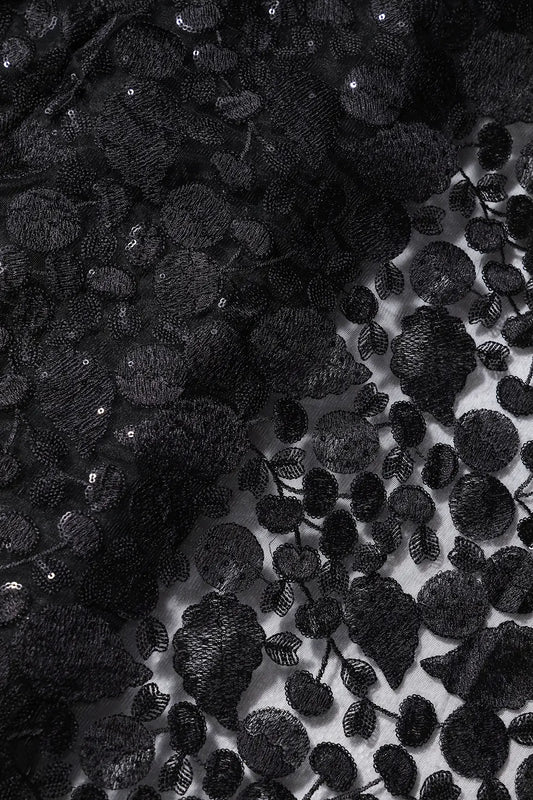 AIzaSyBcstauz-XMPRhEY21AUzeo032pxrXB5Ug - Black Thread With Water Sequins Beautiful Leafy Heavy Embroidery On Black Soft Net Fabric