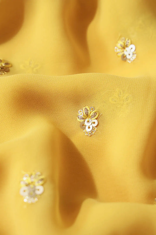 AIzaSyBcstauz-XMPRhEY21AUzeo032pxrXB5Ug - Gold Sequins With Zari Small Floral Booti Embroidery On Yellow Georgette Fabric