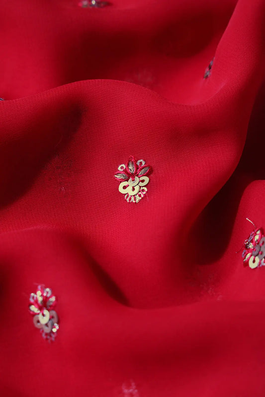 AIzaSyBcstauz-XMPRhEY21AUzeo032pxrXB5Ug - Gold Sequins With Zari Small Floral Booti Embroidery On Red Georgette Fabric