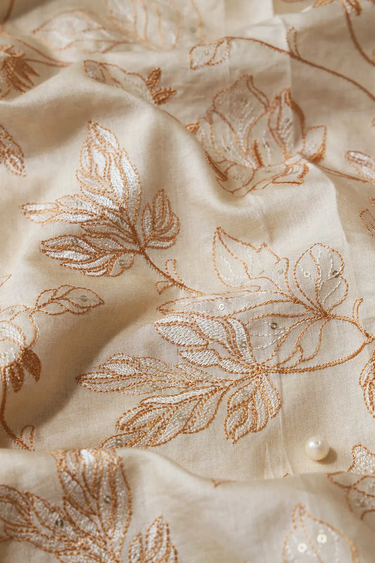 AIzaSyBcstauz-XMPRhEY21AUzeo032pxrXB5Ug - Beige Thread With Gold Sequins Leafy Embroidery On Cream Pure Bamboo Silk Fabric