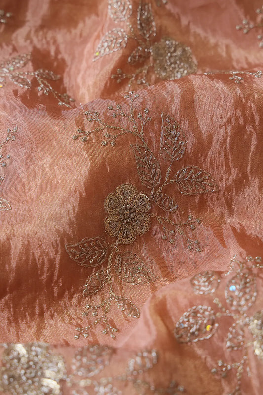 AIzaSyBcstauz-XMPRhEY21AUzeo032pxrXB5Ug - Gold Sequins And Zari Floral Embroidery Work On Peach Pure Viscose Zari Tissue Fabric