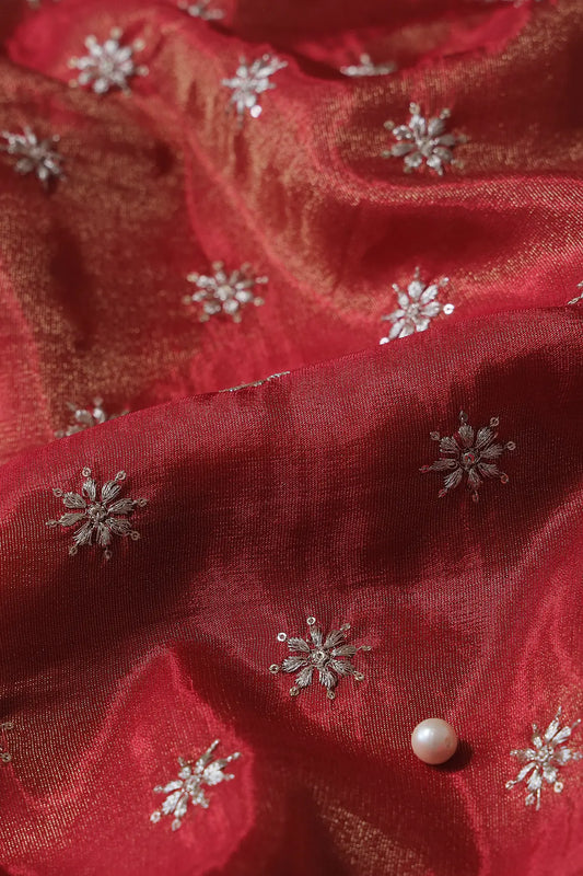 AIzaSyBcstauz-XMPRhEY21AUzeo032pxrXB5Ug - Gold Zari With Sequins Small Floral Booti Embroidery Work On Red Pure Viscose Zari Tissue Fabric