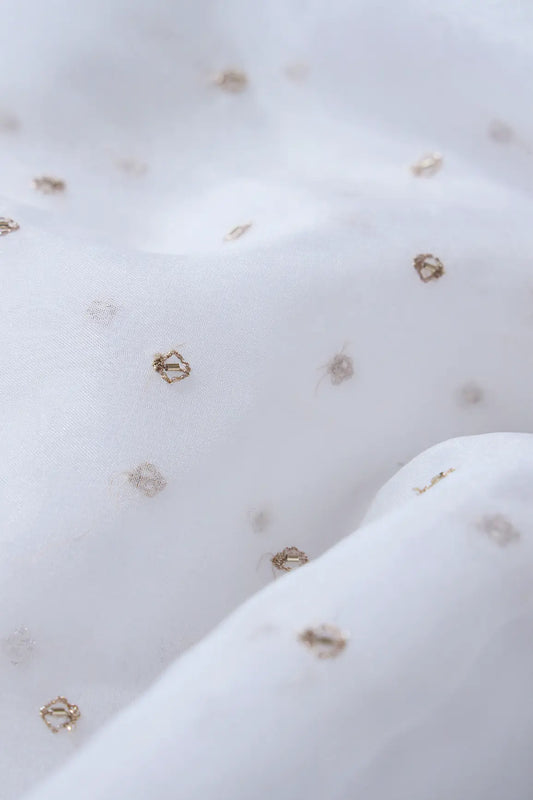 AIzaSyBcstauz-XMPRhEY21AUzeo032pxrXB5Ug - Cut Dana Beads With Zari Small Motif Embroidery On White Dyeable Organza Fabric