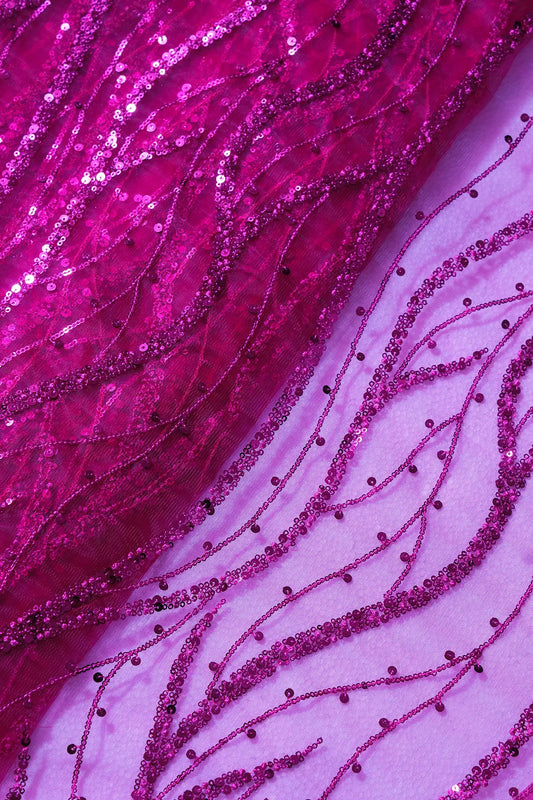 AIzaSyBcstauz-XMPRhEY21AUzeo032pxrXB5Ug - Beautiful Sequins With Fuchsia Thread Wavy Embroidery Work On Fuchsia Soft Net Fabric