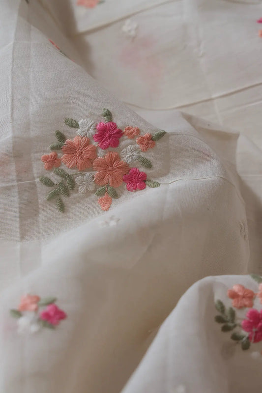 Pink And Peach Thread Beautiful Floral Embroidery On Off White Organic Cotton Fabric