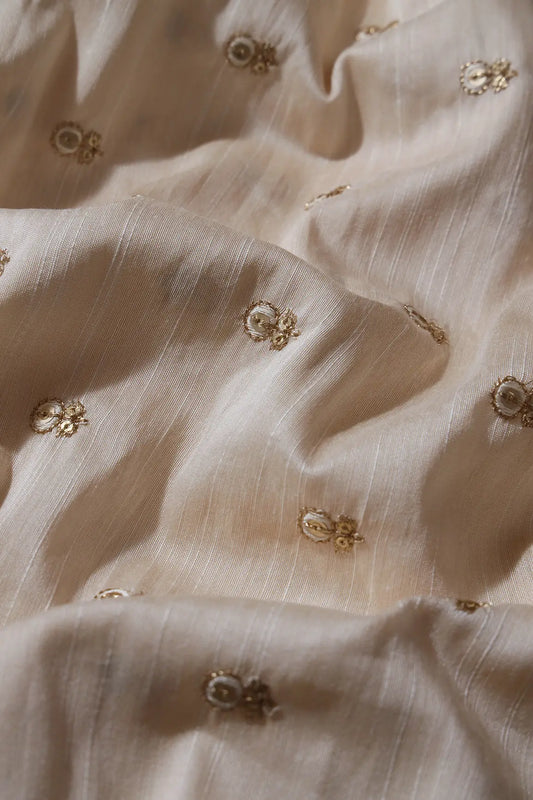 White Thread With Gold Sequins Small Floral Booti Embroidery On Off White Raw Silk Fabric