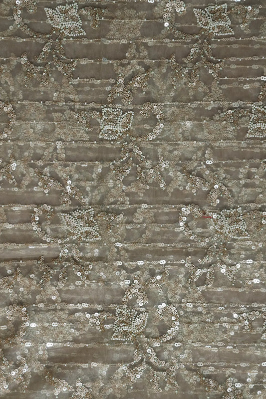 AIzaSyBcstauz-XMPRhEY21AUzeo032pxrXB5Ug - 1 Meter Cut Piece Of Gold Sequins With Beads Work Embroidery On Olive Soft Net Fabric