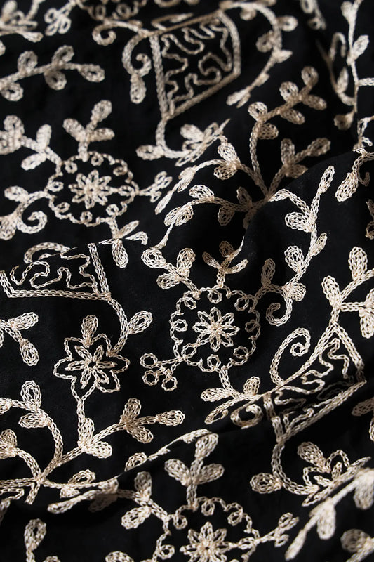 AIzaSyBcstauz-XMPRhEY21AUzeo032pxrXB5Ug - 2 Meter Cut Piece Of Cream Thread Floral Embroidery Work On Black Cotton Fabric