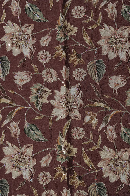 AIzaSyBcstauz-XMPRhEY21AUzeo032pxrXB5Ug - 1 Meter Cut Piece Of Floral Position Print On Sequins Embroidery Brown Viscose Chinnon Chiffon Fabric