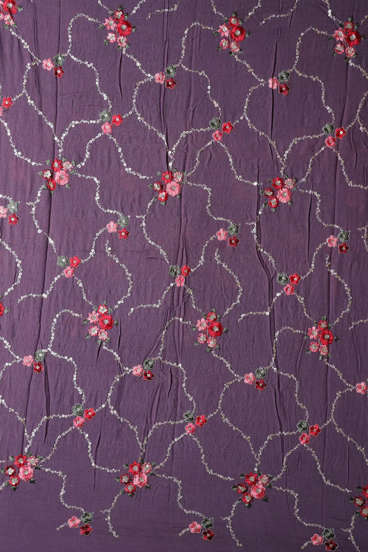 AIzaSyBcstauz-XMPRhEY21AUzeo032pxrXB5Ug - 1.90 Meter Cut Piece Of Gold Sequins And Multi Thread Floral Embroidery On Viola Purple Muslin Silk Fabric