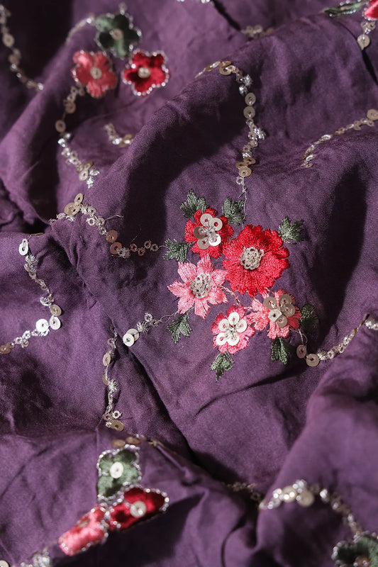 AIzaSyBcstauz-XMPRhEY21AUzeo032pxrXB5Ug - 1.90 Meter Cut Piece Of Gold Sequins And Multi Thread Floral Embroidery On Viola Purple Muslin Silk Fabric