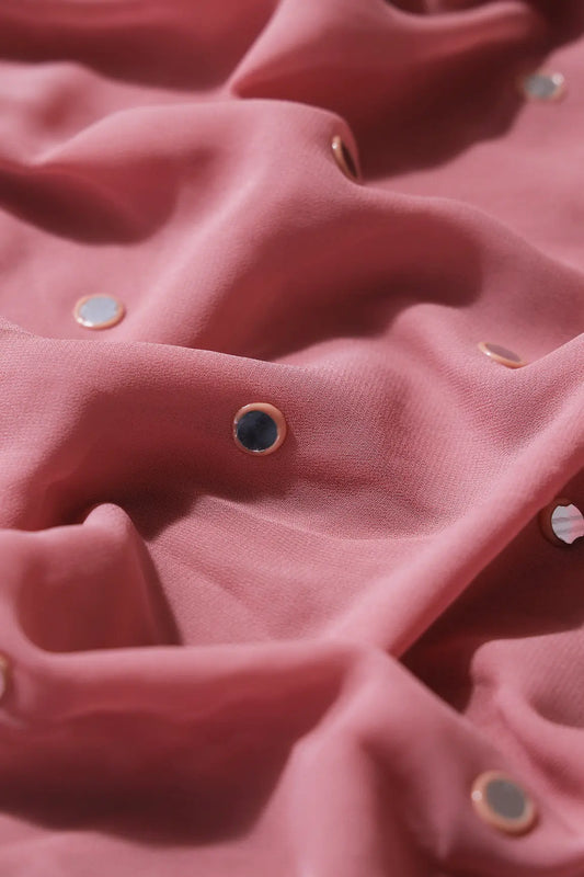 AIzaSyBcstauz-XMPRhEY21AUzeo032pxrXB5Ug - 1.75 Meter Cut Piece Of Real Mirror Embroidery Work On Thulian Pink Georgette Fabric