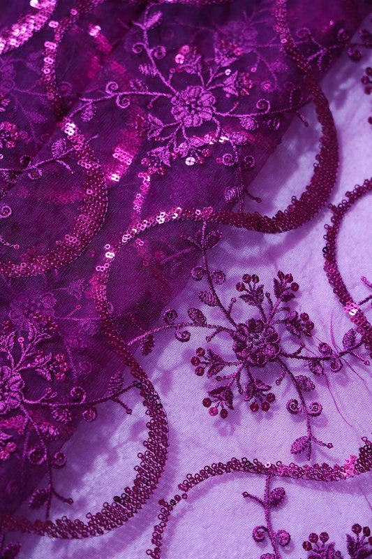 AIzaSyBcstauz-XMPRhEY21AUzeo032pxrXB5Ug - 1.75 Meter Cut Piece Of Purple Sequins Work Floral Embroidery On Purple Soft Net Fabric