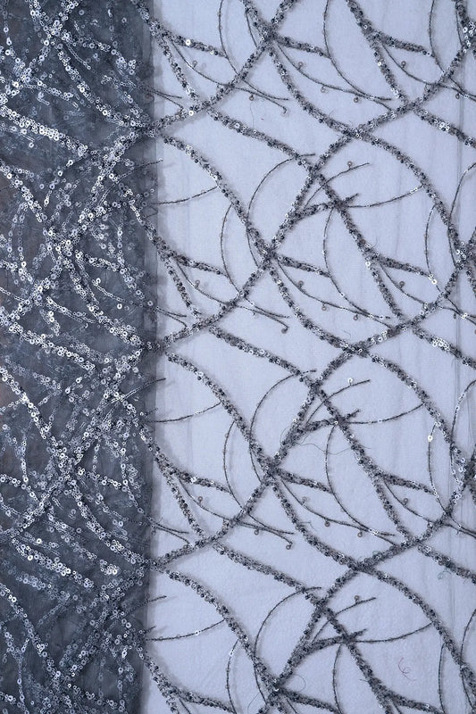AIzaSyBcstauz-XMPRhEY21AUzeo032pxrXB5Ug - 1.75 Meter Cut Piece Of Grey Sequins Work Embroidery On Dark Grey Soft Net Fabric