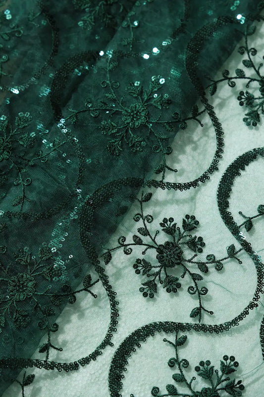 AIzaSyBcstauz-XMPRhEY21AUzeo032pxrXB5Ug - 1.75 Meter Cut Piece Of Green Sequins Green Thread Work Embroidery On Bottle Green Soft Net Fabric