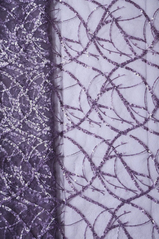 AIzaSyBcstauz-XMPRhEY21AUzeo032pxrXB5Ug - 1.50 Meter Cut Piece Of Purple Sequins Work Embroidery On Purple Grey Soft Net Fabric