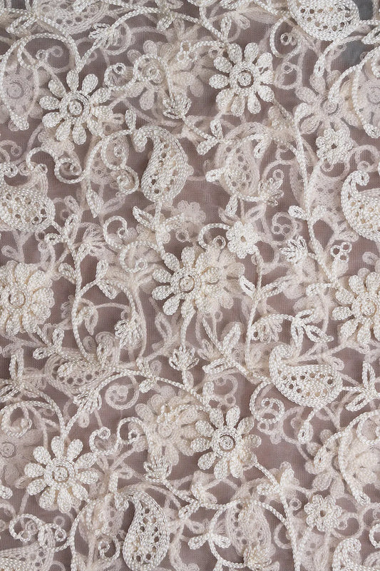 AIzaSyBcstauz-XMPRhEY21AUzeo032pxrXB5Ug - 3.25 Meter Cut Piece Of White Thread Work Floral Embroidery On Baby Pink Soft Net Fabric