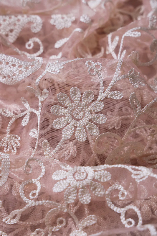 AIzaSyBcstauz-XMPRhEY21AUzeo032pxrXB5Ug - 2.25 Meter Cut Piece Of White Thread Work Floral Embroidery On Pink Soft Net Fabric